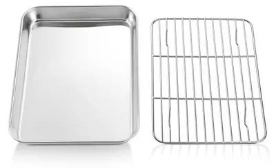 Image de Plaque de cuisson avec grille de refroidissement - Plaque à pâtisserie en acier inoxydable - Pour la cuisson et le refroidissement - 23,6 x 17,8 x 2,5 cm