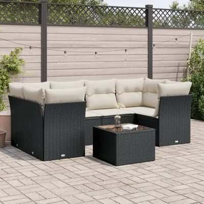 Produktbild von Design 7-tlg. Garten-Sofagarnitur mit Kissen Schwarz Poly Rattan, Gartenmöbel-Sets 2024 Neu
