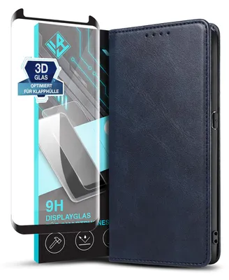 Produktbild von Handyhülle für Samsung Galaxy S9 mit 9H Displayglas Kunstleder Flip Cover Hülle Klapphülle Case Kartenfach Farbe: Blau