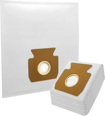 A stack of white vacuum cleaner bags with brown cardboard inserts, with one bag shown separately in the background.