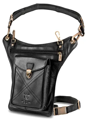 Produktbild von Outdoor Tasche aus echtem Leder Bauchtasche für Herren und Damen groß | Beintasche für Motorrad mit Beingurt | Brusttasche Hüfttasche für Herren aus Leder | Oberschenkeltasche Beinholster | Nappa Schwarz