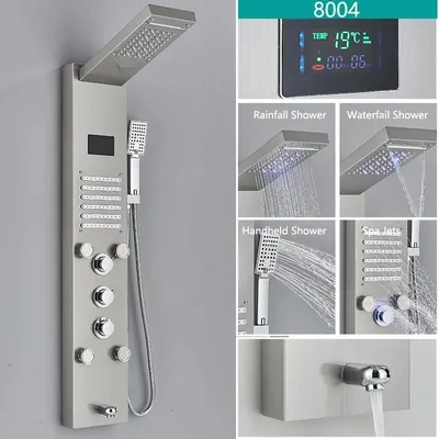 Obrázek produktu pro LED sprchový panel – dešťová sprcha, sprchová sloupka pro vanu – digitální indikátor teploty – 4 masážní trysky – třípolohová směšovací baterie – nerezová ocel – kartáčovaný nikl, model 8004