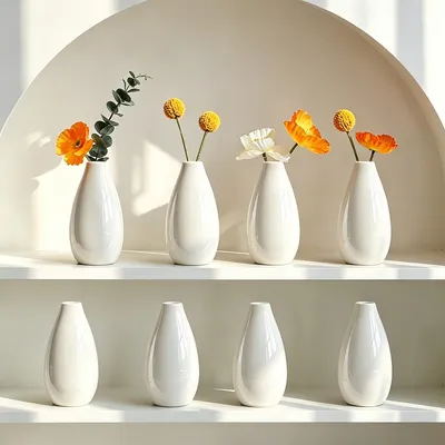 Produktbild von Set aus 8 modernen, weißen, kleinen Keramik-Blumenvasen, 10,5 cm hoch