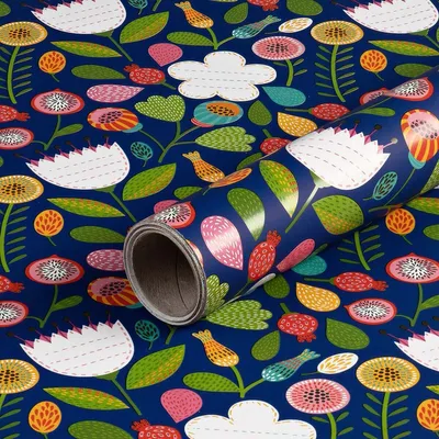 Produktbild von Geschenkpapier Blumen mit Grußfeldern, Blau, 0,7 x 10 m - Geburtstag