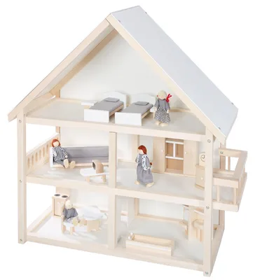 Produktbild von roba Puppenhaus, Puppenvilla inkl. Möbel und Puppen, Mädchen Spielzeug, Holz natur