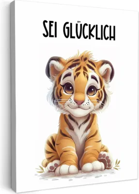 Produktbild von MuchoWow® - Leinwandbilder - Tiger - Glücklich sein - Zitat - Tier, Wandbild, Wanddeko Bilder Wohnzimmer, 60x80 cm