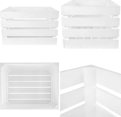 A collage of four images showing a white wooden crate from different angles.