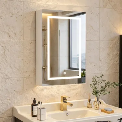 Produktbild von INONEFT Spiegelschrank Bad LED mit 3-Farben-Beleuchtung 50x12.5x70cm,1-türig spiegelschrank mit Glasboden und Touch Schalter,Memory-Funktion,weiß