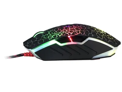 A side view of a gaming mouse with colorful LED lighting.