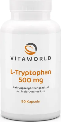 Produktbild von Vitaworld L-Tryptophan 500 mg | 90 Kapseln | 500 mg L-Tryptophan pro Kapsel | hergestellt in Deutschland | vegan