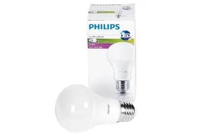 A Philips LED light bulb and its packaging are displayed against a white background.