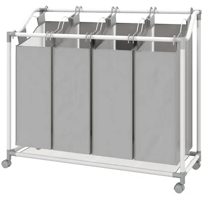 Productafbeelding van HOMCOM wasmand met 4 compartimenten, 160 liter, wasverzamelaar met wielen, grijze wasbox
