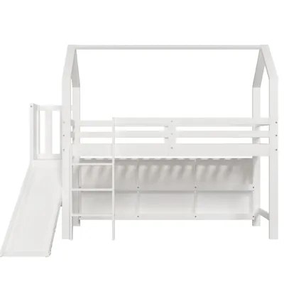 Produktbild von Flieks Etagenbett 90x200cm mit Schrank, Kinderbett Hausbett mit Rutsche, Hochbett Stockbett mit Rausfallschutz & Lattenrost, Holzbett Einzelbett, Weiß
