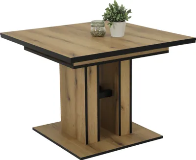 Produktbild von Auszugstisch Esstisch quadratisch Karla - Nachbildung Evoke Eiche, Kanten schwarz - Säulengestell Holzdekor - 100-150x100cm