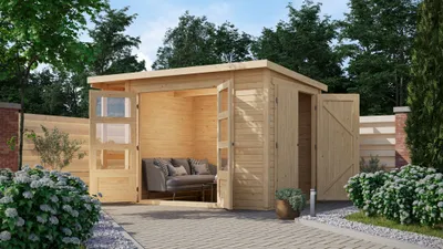 Produktbild von Karibu Gartenhaus Gerätehaus 19 mm Multifunktionshaus Pultdach mit Schrank und Anbaudach naturbelassen 300x186,5x196,5 cm