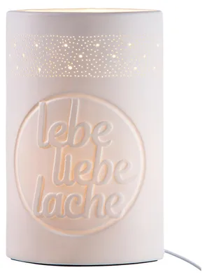 Zdjęcie produktu dla Lampa stołowa GILDE, "lebe liebe lache", żyć, kochać, śmiać się, powiedzenie, porcelana, biały, dł. 10 cm, szer. 18 cm, wys. 28,5 cm 32234