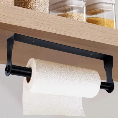 Image de Porte-rouleau de cuisine sans perçage, porte-rouleau noir autocollant pour rouleaux de papier essuie-tout et de papier toilette, porte-rouleau mural pour la cuisine, la salle de bains, le salon et les toilettes