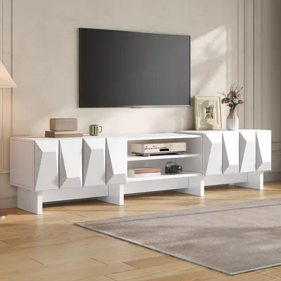 Produktbild von MODFU TV Lowboard 180 cm,Fernsehschrank mit 4 Türen und Rautenrelief, TV-Schrank mit offenem 2-stufigem Ablagefach,TV-Regal Weiß