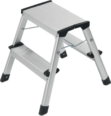 Produktbild von Hailo D60 StandardLine Alu Doppelstufen-Trittleiter - 2-stufiger Klapptritt mit Soft-Grip-Sohlen und Klappsperre - Arbeitshöhe bis 240 cm - Gewicht 2 kg - Silber
