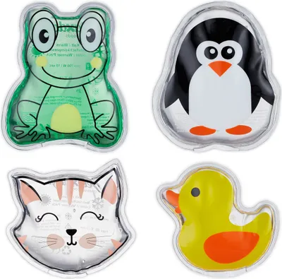 Produktbild von Relaxdays Kühlpads Kinder, 4er Set, Kalt Warm Kompresse, Tiermotive, Kinderkühlpads mit Gel, wiederverwendbar, bunt