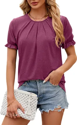 Produktbild von ASKSA Damen T-Shirt Sommer Kurzarm Puffaermel Shirts Tops Casual Tee Elegant Oberteile, Weinrot, Groesse: XXL