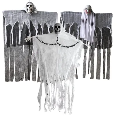 Produktbild von 3-teiliges Halloween-Hänge-Set: Sensenmänner, fliegende Skelette und Geister für die Halloween-Außendekoration, Requisiten für Spukhäuser