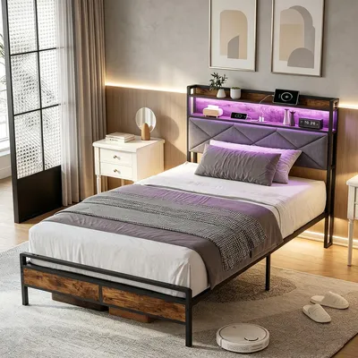 Image de Lit simple 90x200 avec éclairage LED et port USB-C, structure de lit en métal avec tête de lit rembourrée et espace de rangement, sommier à lattes et espace de rangement en dessous, couleur gris
