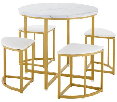 Produktbild von Essgruppe - Esstisch Set mit 4 Stühlen - MDF Tischplatte Metallgestell - Samtstühle - 80×80×75 cm - Weiß