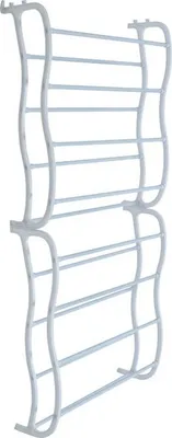 A white shoe rack with multiple tiers is shown against a white background.