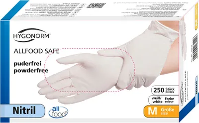 Produktbild von Nitrilhandschuhe 'Allfood Safe', weiss, puderfrei, 250 Stück, Größe:M