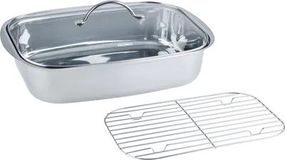 A stainless steel roasting pan with a glass lid and a wire rack, shown on a white background.