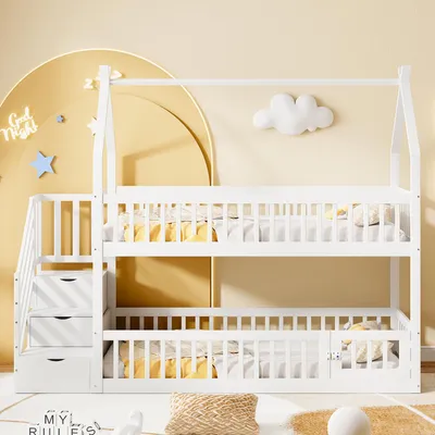 Produktbild von Kinder Etagenbett 90x200 cm Weiß, Kinderbett mit Dach im Hausstil, Etagenbett mit Stauraumschubladen, Massivholz