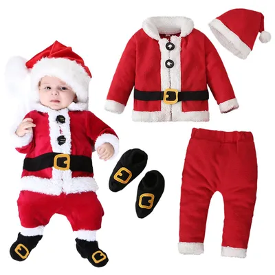 Obrázok produktu pre Vianočný outfit pre bábätká – kompletná sada – overal s motívom Santa Clausa – nohavice – čiapka Santa Clausa – pančušky v tvare vianočných topánok – mäkká fleecová podšívka – vianočný outfit