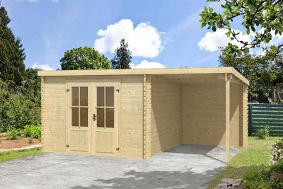 Produktbild von Lasita Maja Gartenhaus Tampa aus Holz mit 28 mm Wandstärke 14.05 m² Flachdach