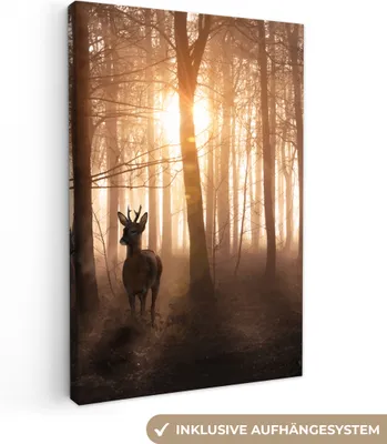 Produktbild von MuchoWow® - Leinwandbilder - Wald - Hirsche - Sonne - Bäume - Winter - Natur - Tiere, Wandbild, Wanddeko Bilder Wohnzimmer, 40x60 cm