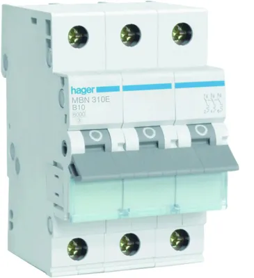 Immagine prodotto di Interruttore automatico 3 poli 6kA caratteristica B 10A 3 moduli Hager MBN310