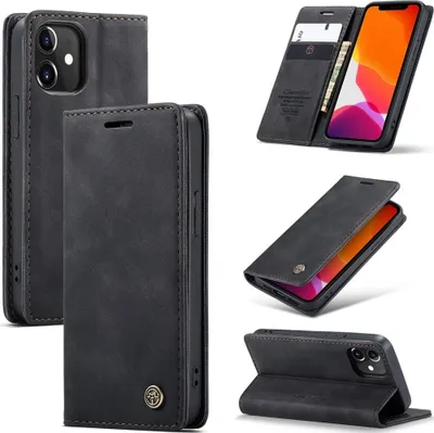 A collage of images showing a black iPhone wallet case from different angles.