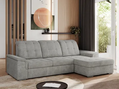 Produktbild von MKS MEBLE Sofa mit Schlaffunktion - Ecksofa mit Schlaffunktion und Bettkasten - Sofa 3 Sitzer - Schlafsofa - Couch - Schlafsofa mit Bettkasten - Madrito L - Hellgrau Struktur - Rechts Seite