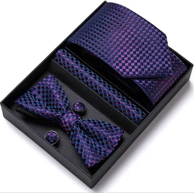 Obrázek produktu pro Pánská sada kravat s motýlkem, kapesníčkem a manžetovými knoflíčky - módní a elegantní pánská sada kravat na večírky a události, tmavě fialová barva
