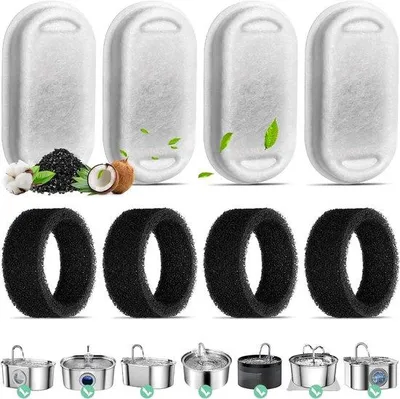 Produktbild von 4er-Set Ersatzfilter für 108oz/3.2L Edelstahl-Katzenbrunnen - 4 Kohlenstofffilter und 4 Schaumfilter - Dreifachfilter für 67oz/2L Trinkbrunnen