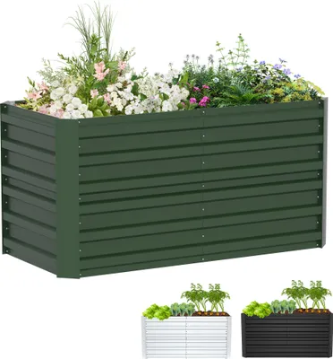 A collage showing a large green raised garden bed filled with flowers and plants, and two smaller raised garden beds below, one white and one black, each with small plants.