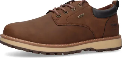 A side view of a brown leather shoe.