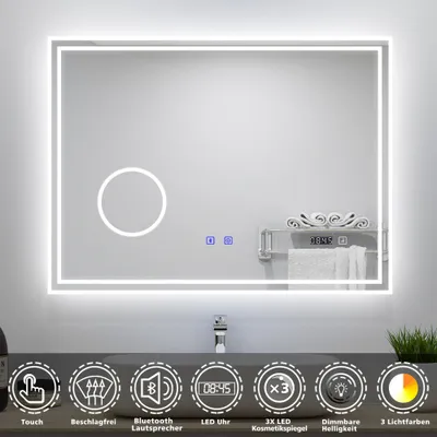 A bathroom mirror with integrated LED lighting, clock, and Bluetooth speaker, displayed above a sink.