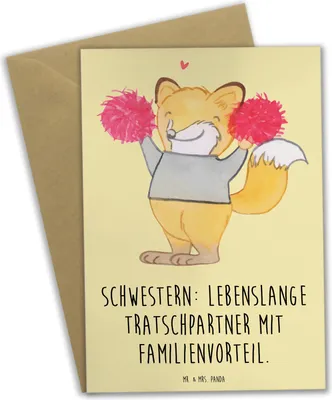Produktbild von Mr. & Mrs. Panda Klappkarte Schwestern Tratschpartner - Gelb Pastell - Geschenk, Schwester, Familiengeschenk, Lächeln, Spaß, dankeskarten, osterkarten, Familie, Jubiläen