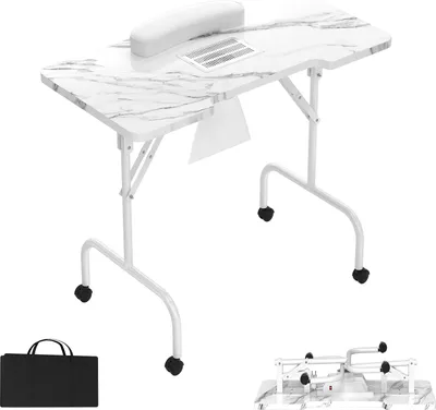 A white marble-patterned nail table with a built-in dust collector and armrest, shown with a black carrying bag and a folded table base.