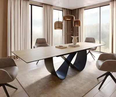 Produktbild von DELIFE Esstisch Edge 200-300x100 cm Keramik Laminam® Sabbia Eichefarbig Infinity Metall Schwarz ausziehbar