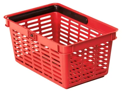 A red plastic shopping basket with black handles is shown against a white background.