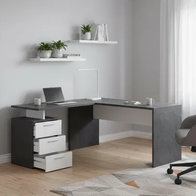 Immagine prodotto di Dmora Scrivania Ascuby 60x180x75h cm Grigio Lucido, Angolare Modulabile  Italy