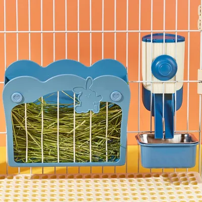 Produktbild von 3-in-1 Kaninchenheufoeder - Futterbehälter mit Trichter - Heuraufe für Kaninchen, Meerschweinchen, Chinchillas - Blau