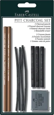 A set of Faber-Castell Pitt Charcoal art supplies is displayed against a white background.